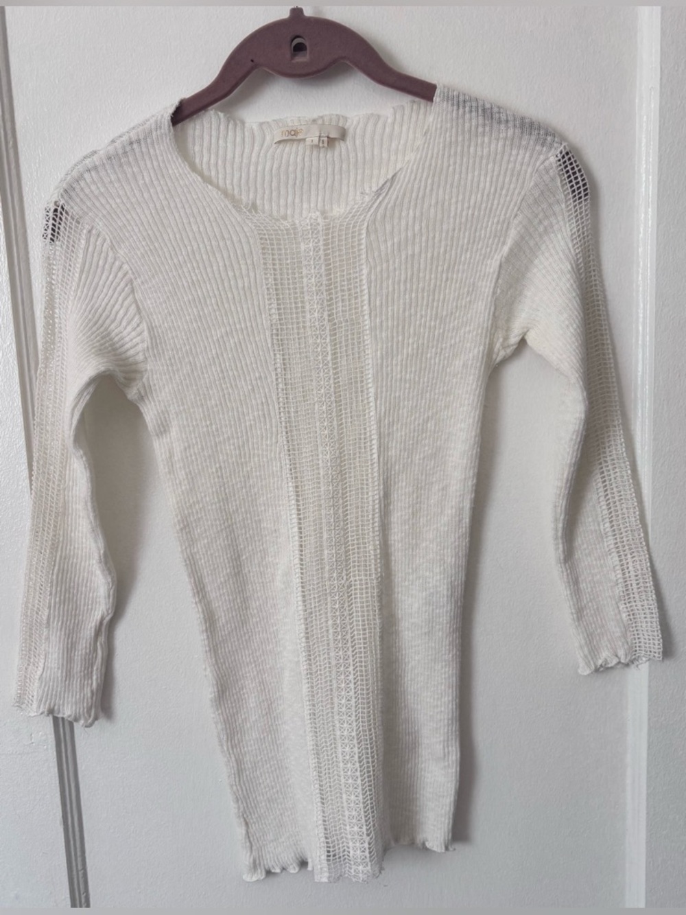 Maje Ribbed Knit Sweater Ivory Lace Detail Stretch Top Size XS